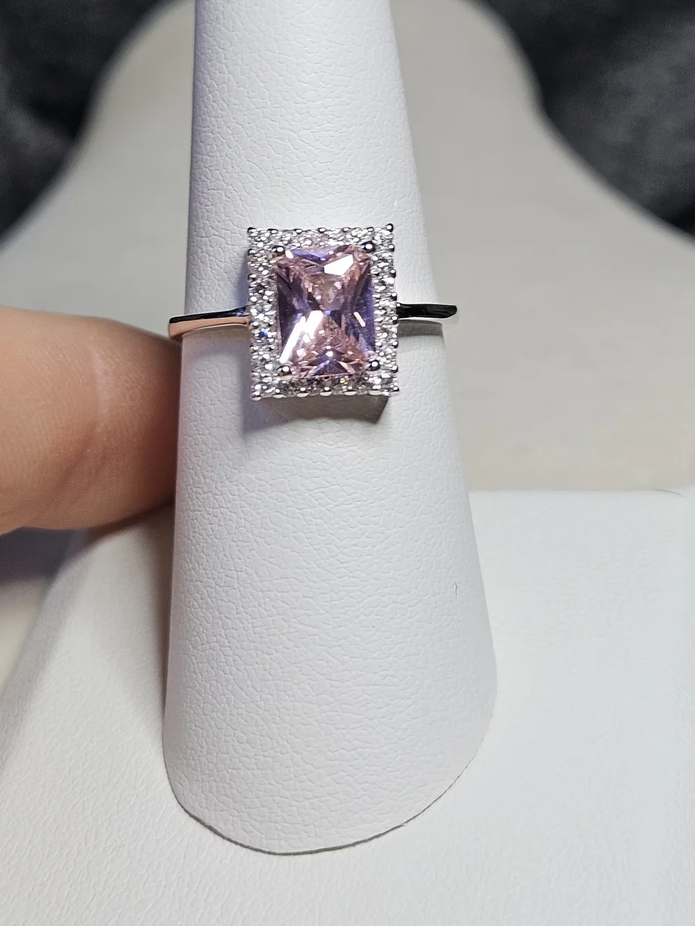 Sterling Silver Ring with Pink Rectangular Center Stone and Halo